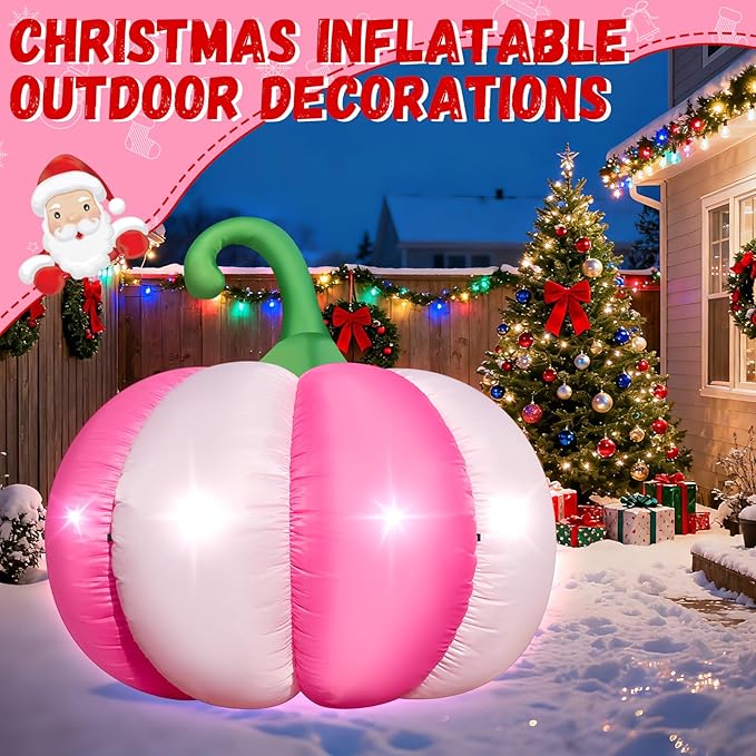 4.6FT Christmas Inflatable Pumpkin Blow-up Pink Pumpkin Build-in 4 LED Lights for Pink Christmas Outdoor Decorations Giant Inflatable Fake Pumpkins for Winter Xmas Party Decor Yard Garden Lawn