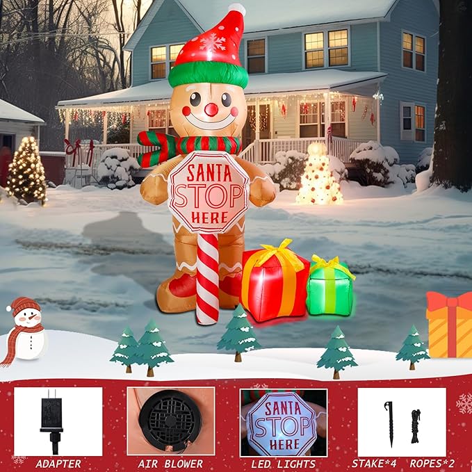 7 FT Christmas Inflatable Outdoor Decorations, Inflatable Gingerbread Man with Sign and Gifts Bags Built-in LED Lights Blow Up Yard Decorations for Holiday Indoor Outdoor Party Garden Lawn