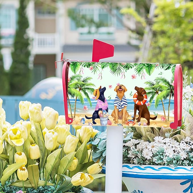 Summer Dogs Magnetic Mailbox Cover 21x18Inch Funny Tropical Beach Coastal Puppy Waterproof Mailbox Wrap Letter Post Cover Standard Size for Garden Yard Outdoor Season Outside Decor