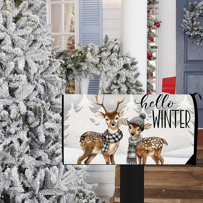 Hello Winter Reindeer Mailbox Cover Magnetic Standard Size 20.5" x 18", Pine Trees Snowflake Decorative Post Letter Box Wrap Decor, Christmas Seasonal Garden Yard Outdoor Decoration