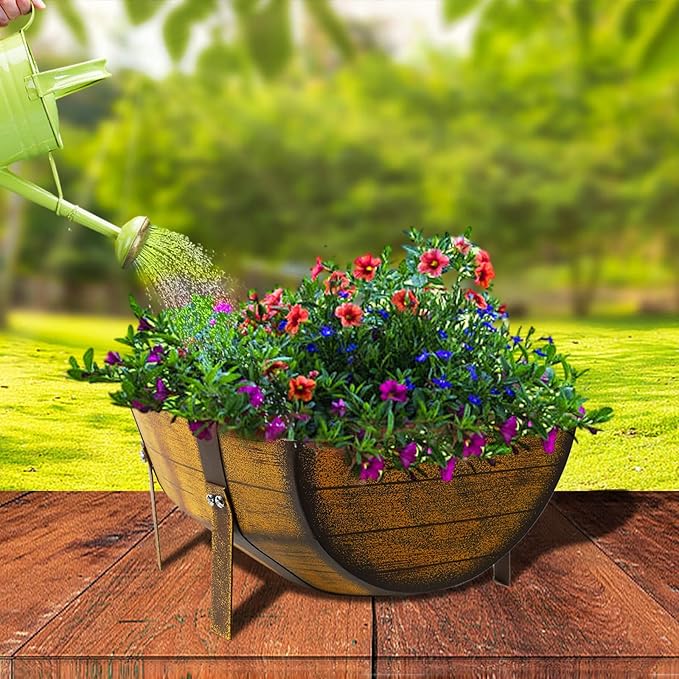 15.43In 2 Pack Rustic Barrel Planters, Decorative Outdoor Garden Backyard Planter with Legs, Metal Flower Pot Half Barrel Planter Box, Brown