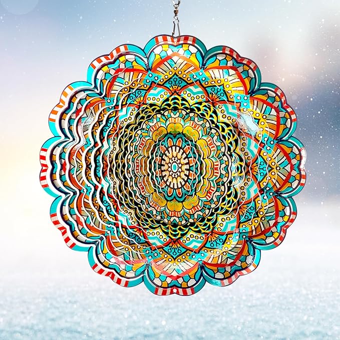 Mandala Wind Spinner - Lucky Star Design | 12-Inch Laser Cut Stainless Steel, Kinetic Hanging Wind Sculpture for Garden, Porch, Patio, Home | Outdoor 3D Metal Windcatcher & Yard Art