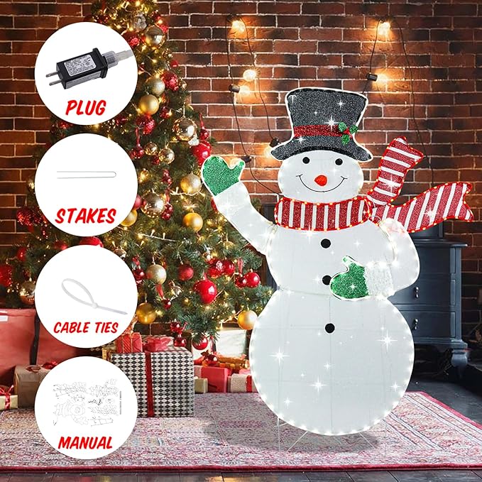 Lighted Snowman Christmas Decorations, Pre Lit White Neon Light Snowman Light Up Collapsible Snowman Christmas Decorations for Indoor Outdoor Garden Yard Lawn Holiday Party Decor