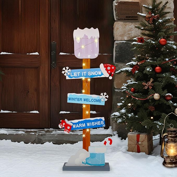 Lighted Wooden Christmas Porch Sign | Let It Snow Winter Welcome Porch Decor |Xmas Hat Gloves Candy Cane Wood Signs for Winter Wonderland Bule Christmas Decorations