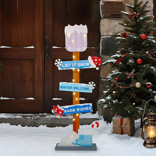 Lighted Wooden Christmas Porch Sign | Let It Snow Winter Welcome Porch Decor |Xmas Hat Gloves Candy Cane Wood Signs for Winter Wonderland Bule Christmas Decorations