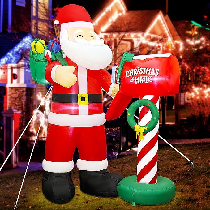 Lulu Home 8FT H Christmas Inflatable Decoration, Giant Blow Up Santa Presenting Gifts to A Mailbox, Xmas Inflatable Santa Blowups with Storage Bag for Winter Holiday Indoor Outdoor Decor