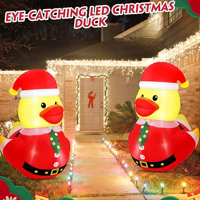 Leyndo 2 Set 5FT Christmas Inflatables Duck Decoration Outdoor Giant Blow Up Duck with Build-in LEDs Lights Wear Xmas Hat Santa Claus Costume for Mall Garden Patio Lawn Indoor, Funny Christmas Decor