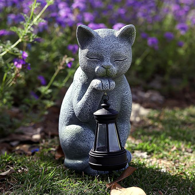 Solar Happy Cat Outdoor Statue Garden Decor,Birthday Gifts for Grandma Mom Women, Ornament for Balcony, Garden, Patio, Yard, Lawn Porch Patio Balcony Home House,(LED Lantern Cat)