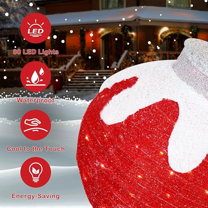 Outdoor Hanging Christmas Ornaments, Lighted Pop-Up Hanging Outdoor Holiday Ball Decoration, 8 Light Modes, Lighted Collapsible Holiday Decorations (Red)
