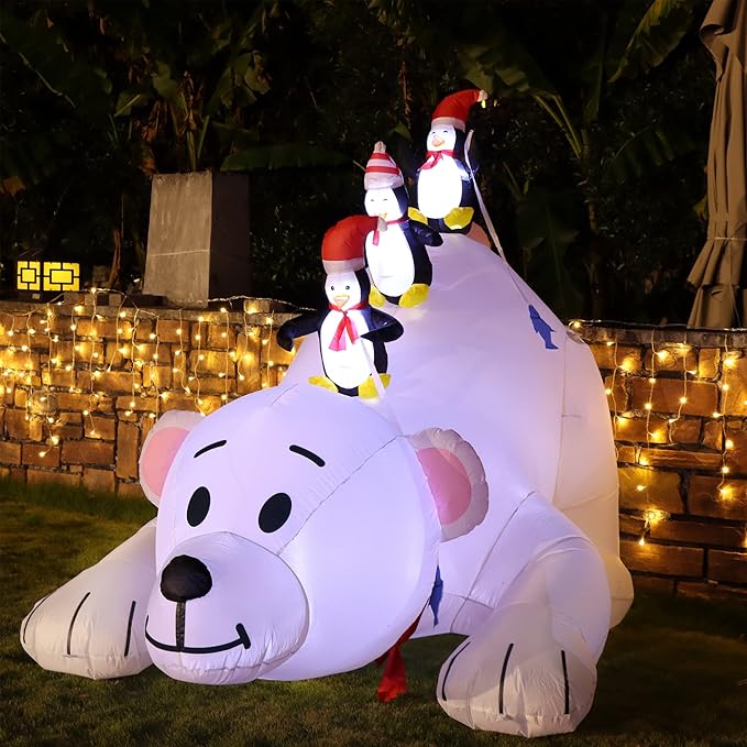 Juegoal Christmas 7.7(L) x 6 FT(H) Inflatables Lighted Polar Bear with Three Penguins, Blow Up White Bear Happy Fishing Penguin, Indoor Outdoor Xmas Winter Decor Lawn Yard Garden Decorations