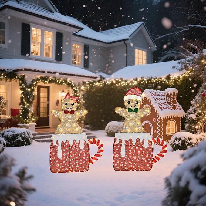 42" H Lighted Gingerbread Outdoor Christmas Decorations, Pre-lit Gingerbread Boy & Girl in Hot Cocoa Mug Ornament, 2D Holiday Decors for Lawn Porch Yards, 160 LEDs, Set of 2