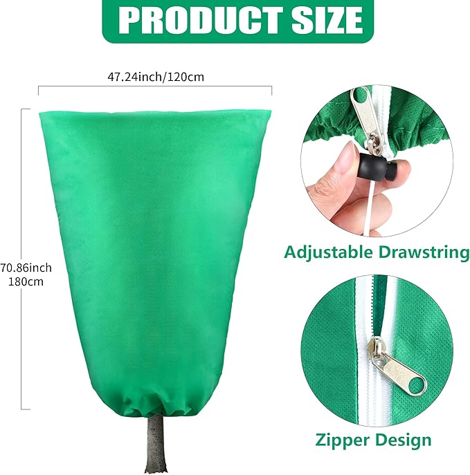 Plant Covers Freeze Protection, 2 Pack 47''×71'' Green Frost Cloths Blankets with Zipper Drawstring Shrub Tree Covers for Winter Outdoor Plants Freeze Protection