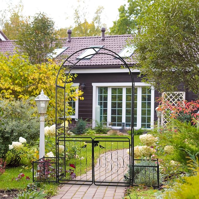 Garden Arbor with Gate and Planter, 7FT Wedding Arches for Ceremony, Metal Arbor Trellis for Climbing Plants Outdoor, Black Garden Archway for Lawn, Patio and Backyard, Includes Ground Stakes