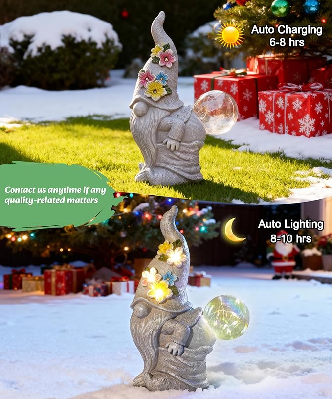 Funny Garden Gnome Statue: Outdoor Figurine Lights for Home Yard Lawn Porch Balcony Patio - Gardening Chrismtas Gifts for Women Mom Grandma