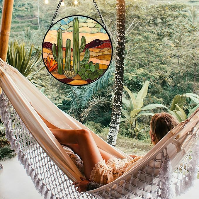 Stained Glass Window Hanging, Green Cactus Sun Catcher for Door Terrace Garden Home Decor, Abstract Desert Landscape Suncatcher Birthday Gifts for Lovers Women Men Dad Mom Nana 11.8 in
