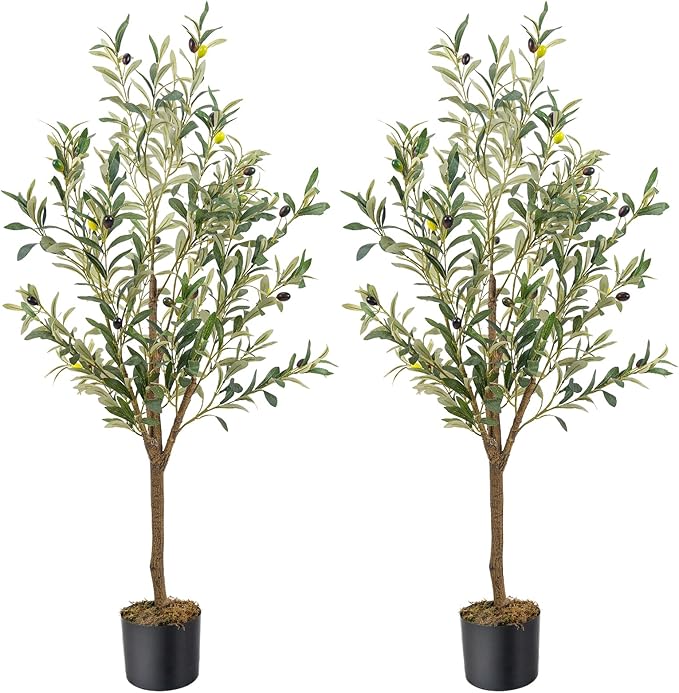 Artificial Fake Olive Tree 4FT Tall 2Pack Faux Silk Olive Tree for Home Living Room Office Decor Faux Artificial Plants Indoor Fake Potted Plants with Fruit & Free Moss