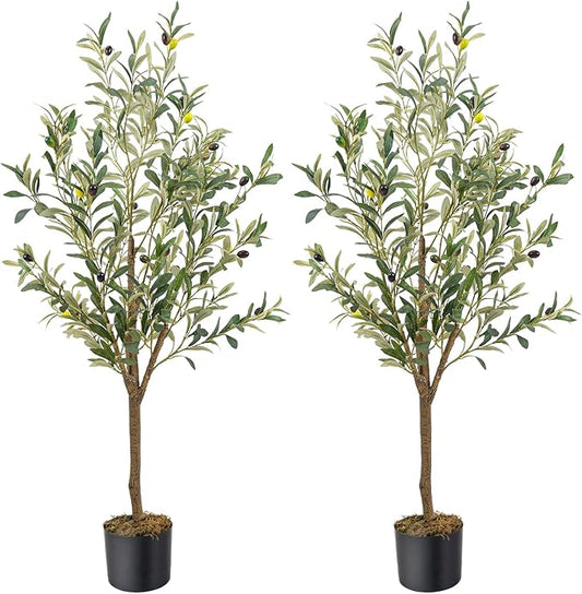 Artificial Fake Olive Tree 4FT Tall 2Pack Faux Silk Olive Tree for Home Living Room Office Decor Faux Artificial Plants Indoor Fake Potted Plants with Fruit & Free Moss