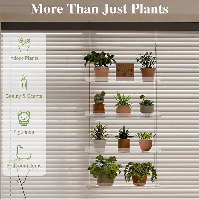 4-Tier Acrylic Window Plant Shelf, 16 Inch Wide Adjustable Hanging Shelf for Succulents, Seed Starters, Herbs, Microgreens