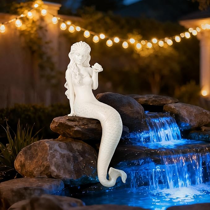 Mermaid Garden Statue, 25.6 Inch Large Outdoor Sculpture Figurines, Pretty Lawn & Patio Decor in Antique White, Made of Durable Magnesium Oxide Stone with Weather-Resistant Finish