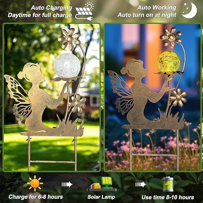 HONGLAND Fairy Solar Lights Garden Decor for Outside, Fairy Figurine Moon Lights Stake Housewarming Gifts for Patio Lawn Yard Pathway Outdoor Home Decor- Unique Gardening Gifts for Women Mom Grandma