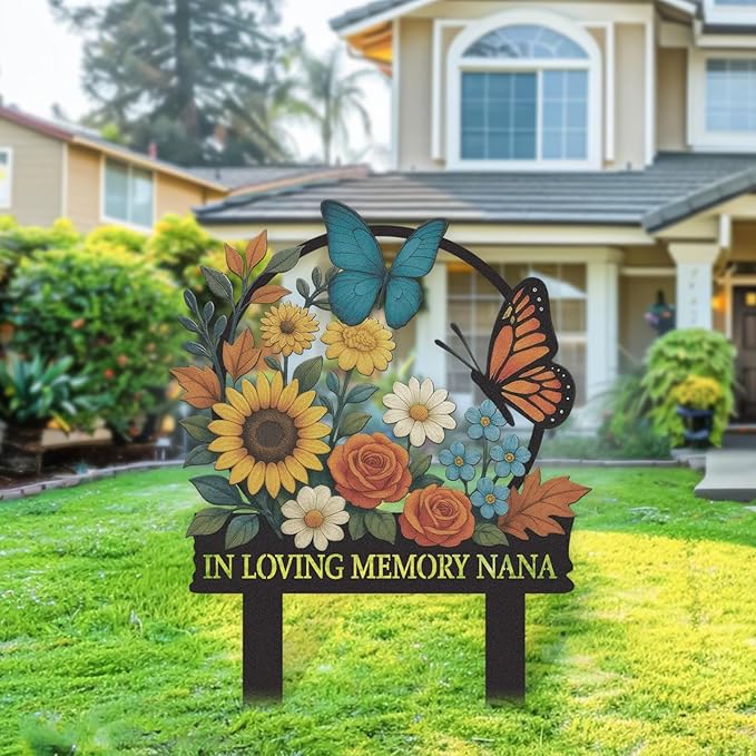 Personalized Garden Signs, Colorful Butterfly Garden Decor for Outside, Decorative Yard Stakes, Metal Yard Art, Patio Decor, Custom Last Name Sign, Lawn Art, Gardening Gifts Color04