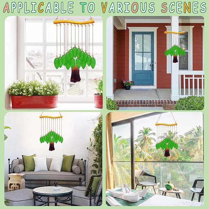 Leaf Shape Glass Wind Chimes for Outside Decoration, Green Tree Windchimes Outdoors Unique, Handcrafted Suncatcher Glass Art Wind Chimes Outdoor Gifts for Women, Hanging Outdoor Garden Decor