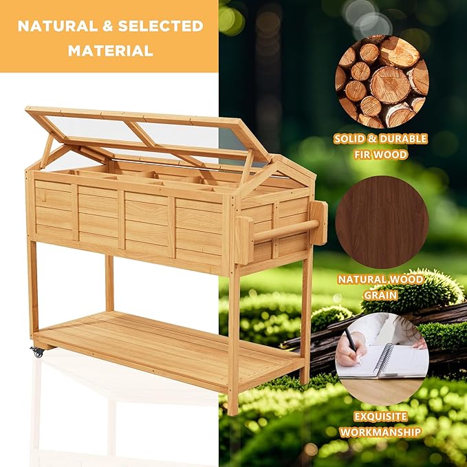 Raised Garden Beds Outdoor, Elevated Planter Box Cart On Lockable Wheels with Legs, Bed Liner,Storage Shelf,Seed Starter Tray for Backyard Patio Gardener Winter Outside (Minimalist Style)