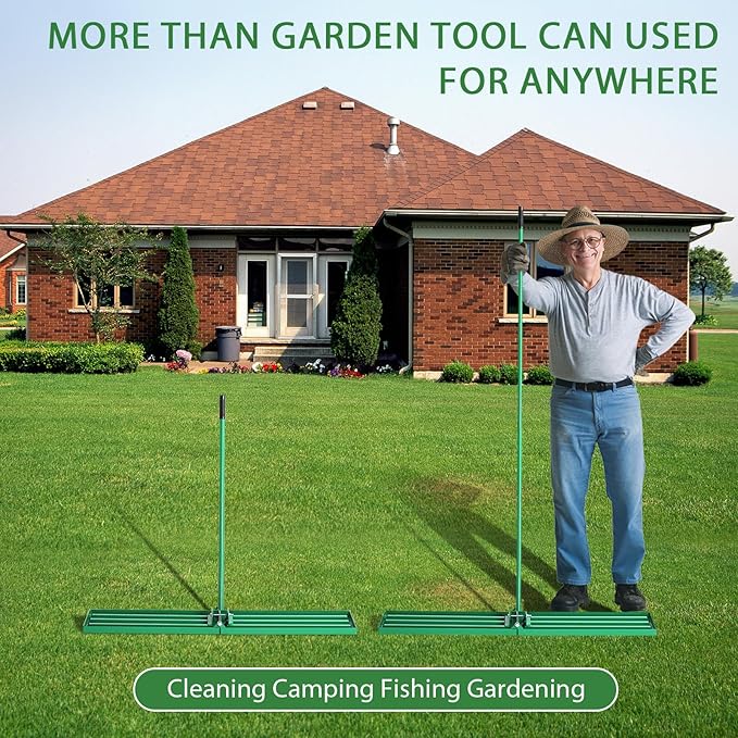 VINGLI Iron Lawn Leveling Rake 30in for Soil Sand Composs, Extended Handle, 180°Rotation Head, with All Handwares, for Yard Garden Golf Field, Green (30in)
