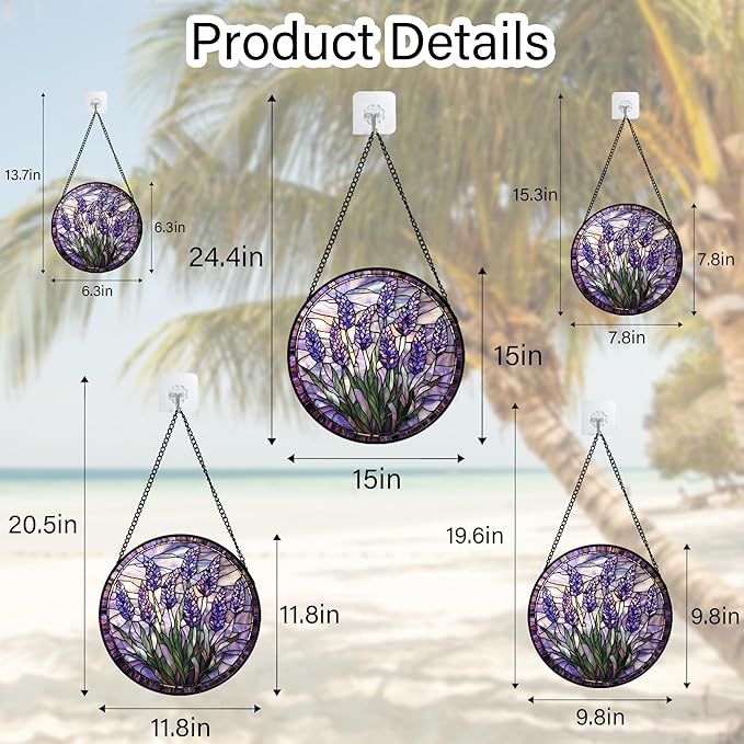 Stained Glass Window Hanging - Purple Flowers Suncatcher for Door Terrace Garden Home Decor Lavender Plant Floral Sun Catcher Birthday Gifts for Lovers Women Men Dad Mom Nana 9.8 in