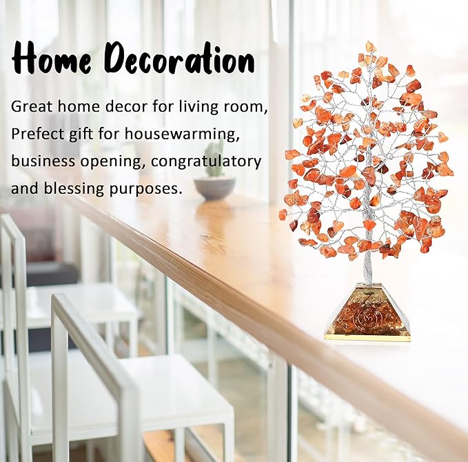 Carnelian Crystal Tree with Orgone Pyramid Base Orange Desk Decor Healing Crystals Bonsai Tree Orange Gifts for Women Office & Shelf Home Room Decor For Mom Sister Girlfriend Present Housewarming