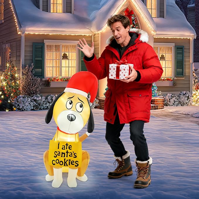 Christmas Inflatable Outdoor Decorations, 4FT Inflatables Cute Dog Yard Decorations Decor with 2 LED Lights, Blow up Santa Puppy Holiday Decor for Indoor Outside Lawn Garden