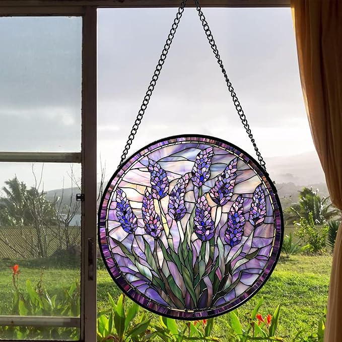 Stained Glass Window Hanging - Purple Flowers Suncatcher for Door Terrace Garden Home Decor Lavender Plant Floral Sun Catcher Birthday Gifts for Lovers Women Men Dad Mom Nana 7.8 in