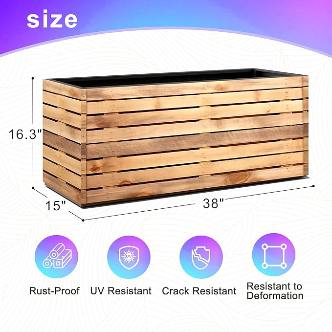 Tall Metal Planter, 15" W×16.3" H Large Rectangular Planter Box for Outdoor or Indoor, All-Weather Durable Plant Box with Drainage Holes & Removable Shelf for Patio, Porch, Garden, Trees, Flowers