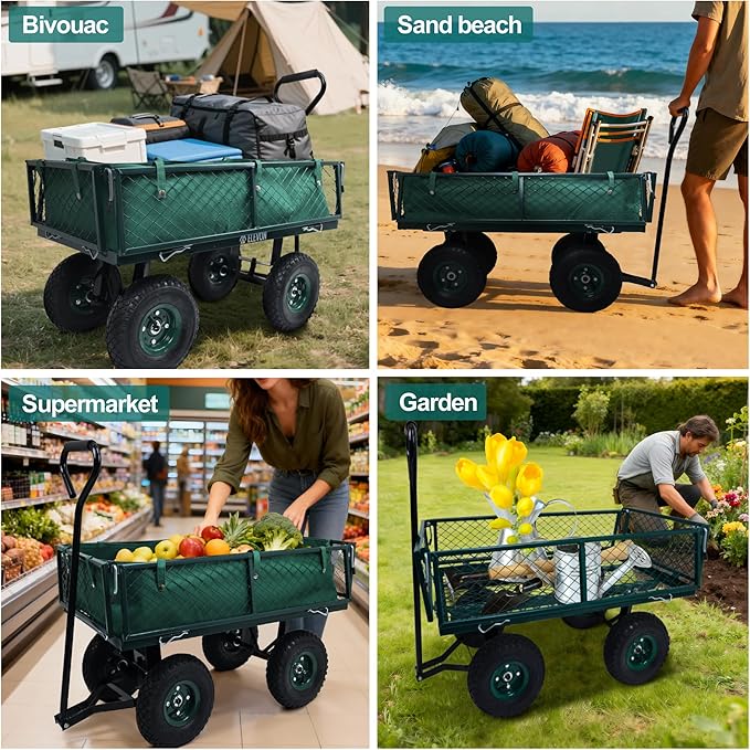 Elevon Heavy Duty Utility Wagon Cart, Green with Removable Mesh Sides, 400 LBS Capacity for Home Improvement, Hauling Supplies & Outdoor Use