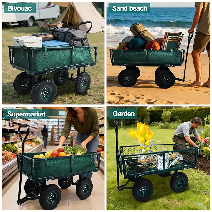 Elevon Utility Wagon Cart, Green | 10" Wheels & Removable Sides for Easy Yard Cleanup, Gardening, and Grocery Shopping