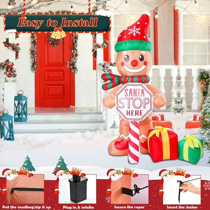 7 FT Christmas Inflatable Outdoor Decorations, Inflatable Gingerbread Man with Sign and Gifts Bags Built-in LED Lights Blow Up Yard Decorations for Holiday Indoor Outdoor Party Garden Lawn