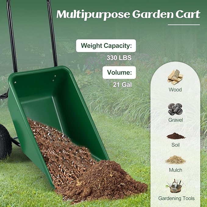 Goplus 2 Wheel Wheelbarrow, 330 LBS Utility Garden Cart with 10” Pneumatic Tires & Handle, 21 Gal Volume, Yard Dump Cart Wheel Barrow, Heavy Duty Wheel Barrow for Lawn