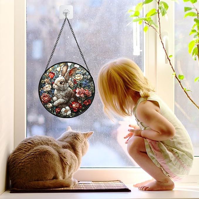 Stained Glass Window Hanging - Cute Rabbit Flowers Suncatcher Ready to Hang Window Doors Home Decoration, Christmas, Mother's Day Birthday Gifts for Women, Men, and Mom 15x15 in