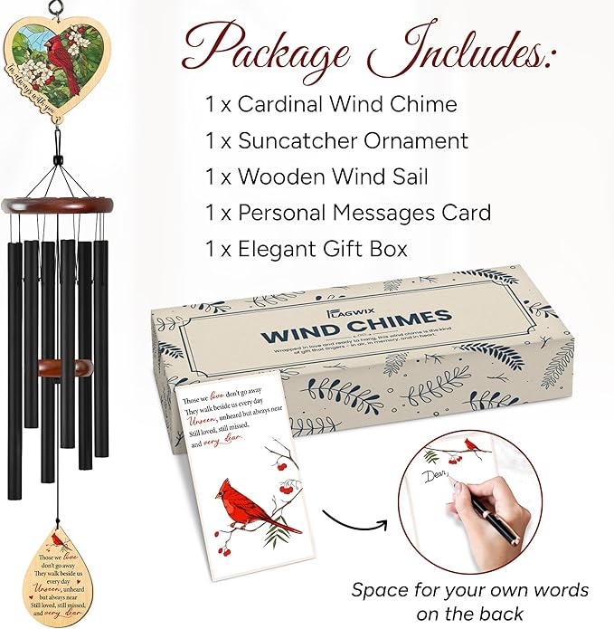 FLAGWIX Sympathy Gifts for Loss of Loved One - Christmas Memorial Wind Chimes for Outside 32in - Cardinal Gifts for Women Men, Bereavement Gift idea, in Memory of a Loved One Mother Father Husband