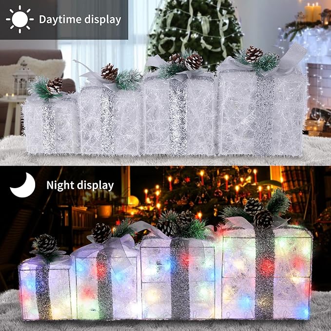 Christmas Lighted Gift Boxes, Pre-lit Lights Gift Boxes Set of 4, Light up Present Boxes Set Battery Operated with Different Sizes for Holiday Indoor Outdoor Decorations(Multi-Colored)