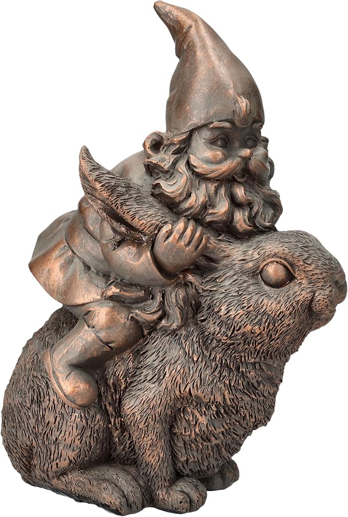 Pacific Giftware Bronze Gnome on Bunny Figurine, 8.07-inch Height, Gold Cast Broze, Table Decoration