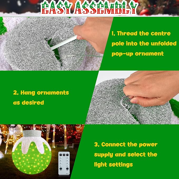 Outdoor Hanging Christmas Ornaments, Lighted Pop-Up Hanging Outdoor Holiday Ball Decoration, 8 Light Modes, Lighted Collapsible Holiday Decorations (Green)