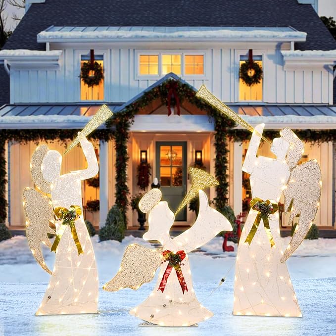 Christmas Outdoor Decorations Lighted Angel Family Set of 3 Christmas Warm Lights Outside Decor 5FT Angel with Trumpet, Outdoor Holiday Decorations for Home, Yard, Garden, Party