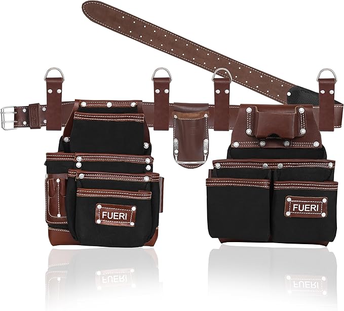 FUERI Tool Belt Men Heavy Duty Nylon Leather Tools Belts Carpenter Bags Electrician Pouches Organizer for Construction Framing (Black & Brown, 30 to 52 Inches Waist)