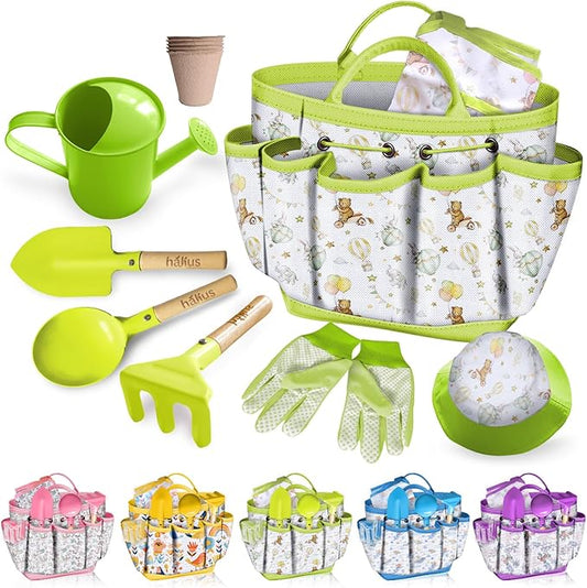 Kids Gardening Tool Set 18PCS Kids Toddler Gardening Set Includes Tote Bag Watering Can Apron Hat Rake Shovel Spoon Gloves Plant Pots and Labels, Outdoor Toys Gift for Boys Girls (Green)