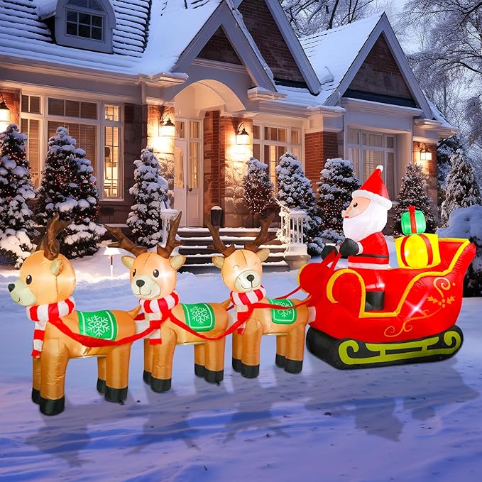 WONDER GARDEN 12FT Christmas Inflatable Outdoor Decorations with Santa Claus on Sleigh and Reindeer Christmas Blow Up Yard Decorations with LED Lights for Xmas Holiday Party Garden Patio Lawn Decor