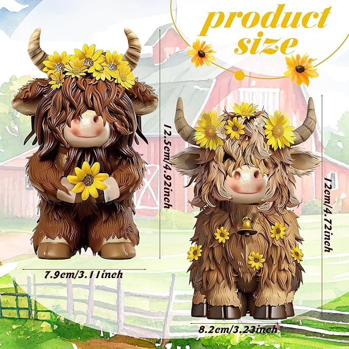 2 Pcs Highland Cow Figurines Decor Cow Gnomes with Sunflower Resin Statue Calf Lovers Gifts for Farmhouse Home Garden Bathroom Kitchen Office Tiered Tray Table Decor