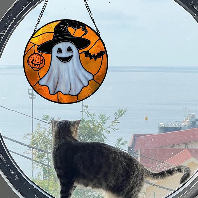 Stained Glass Window Hanging 4 Pcs Set Ghost Pumpkin bat Gothic Decor Large 11.8" - Horror Halloween Suncatcher Door Garden Sun Catcher Birthday White Elephant Gifts for Mom Woman Men Friend