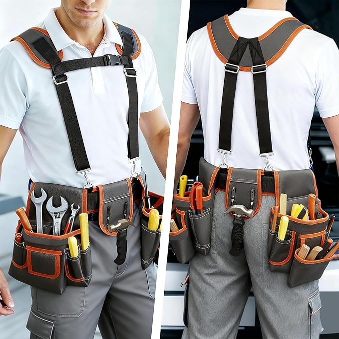 JUSTHERE Tool Belt, Professional Tool Belts for Men, 32''-60'' Size Adjustable Magnetic Tool Pouch With Suspenders & Multiple Pockets, Detachable Utility Belt Work Bags for Electrician, Carpenter
