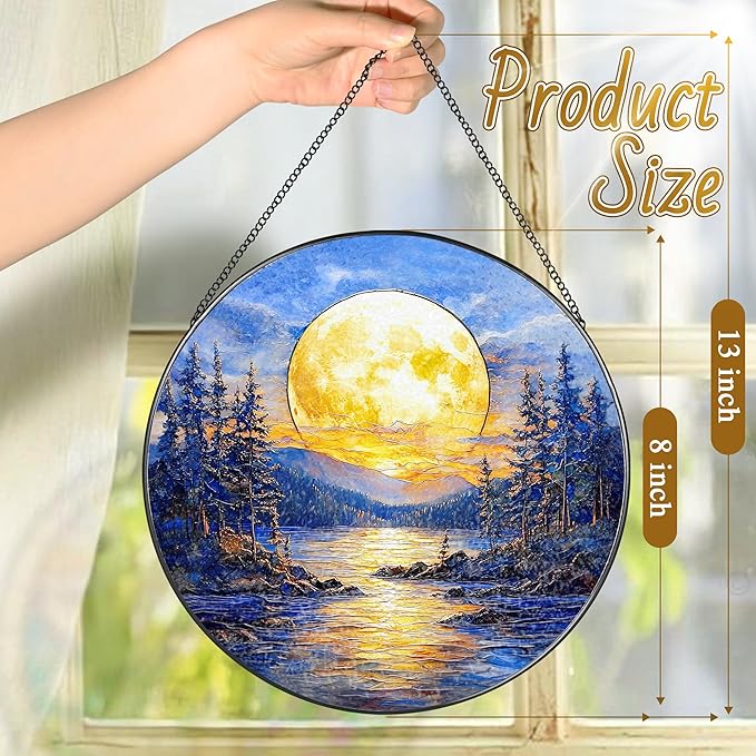 8'' Full Moon Over Forest Lake Suncatcher Ornament, Stained Glass Window Hanging, Sun Catchers for Windows Hanging Ornaments, Window Decor | Gifts for Christmas, Birthday, Father's Day